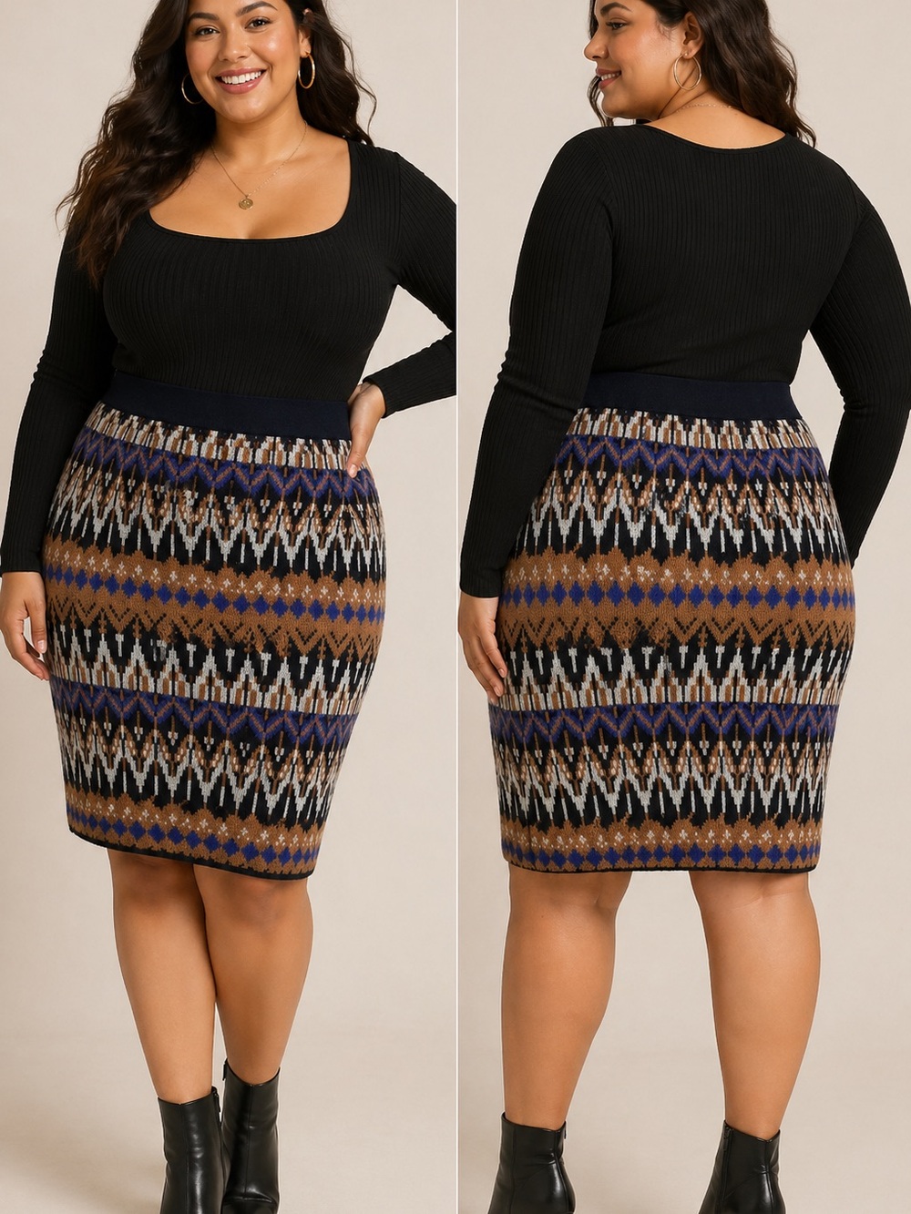 Anthropologie Plus Size Wool Blend Geo Knit Pencil Skirt in Black, Brown & Blue